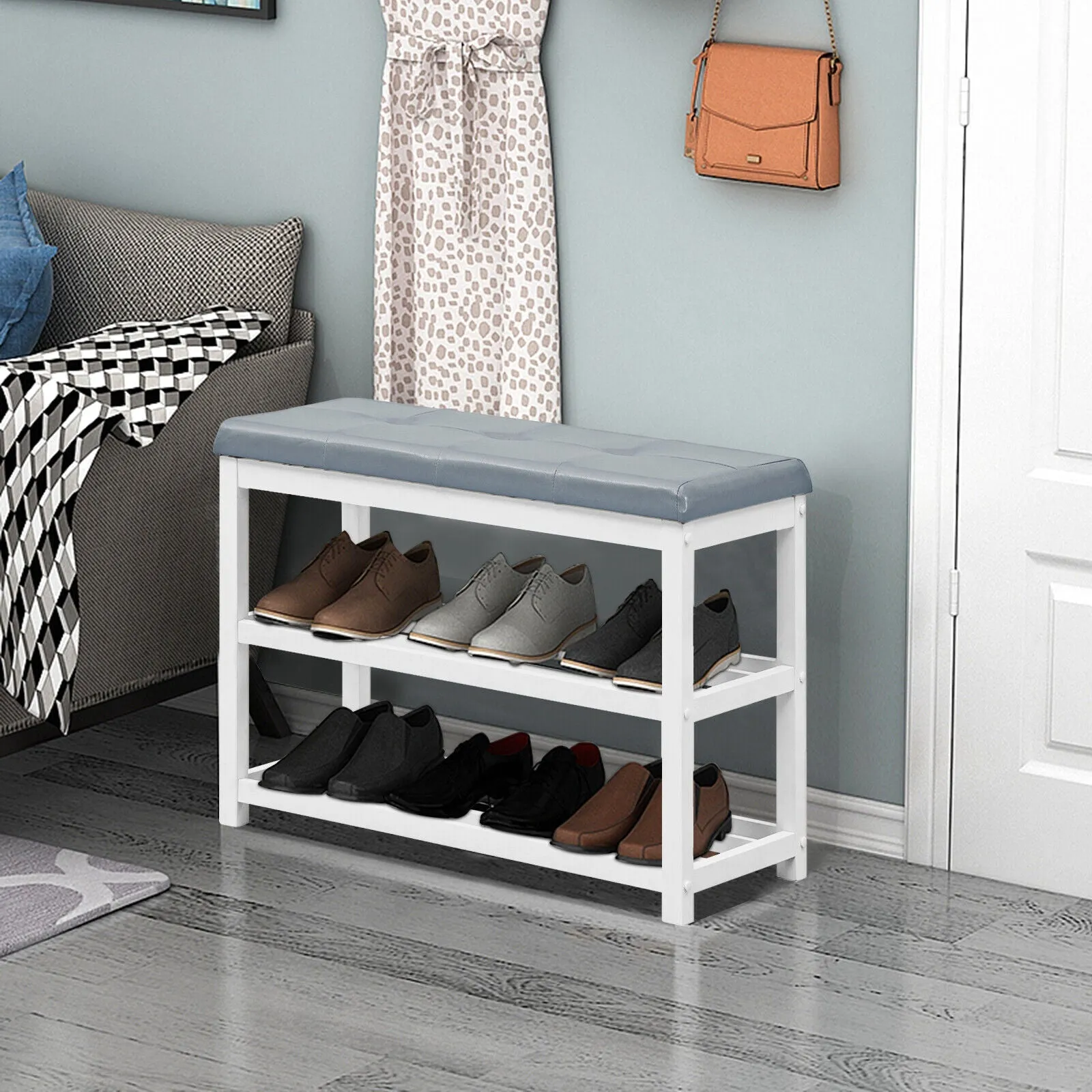 3 Tiers Shoe Storage Bench with Cushioned Seat-White