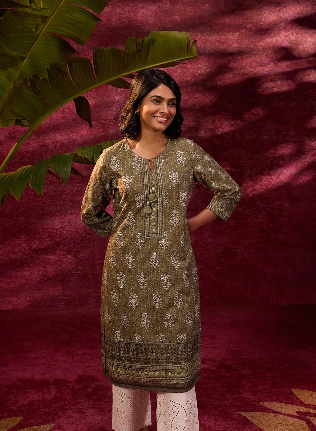 Afreen Olive Embroidered Cotton Designer Kurta