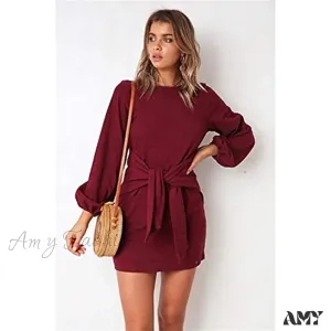 Amy Fashion - Long Lantern Sleeve Short Crewneck Tie Waist Knit Dress