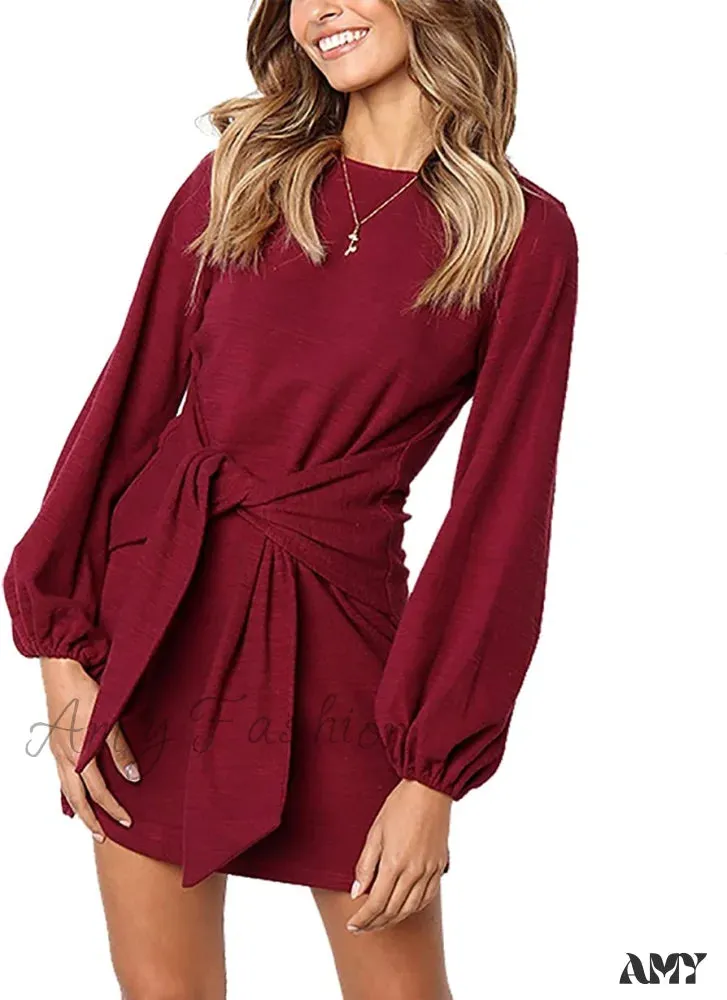 Amy Fashion - Long Lantern Sleeve Short Crewneck Tie Waist Knit Dress