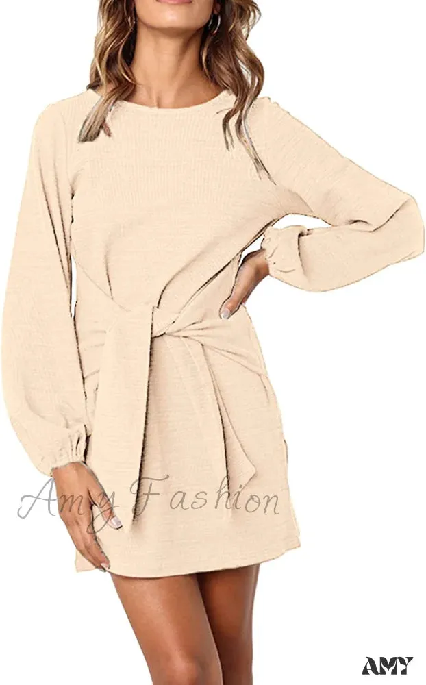 Amy Fashion - Long Lantern Sleeve Short Crewneck Tie Waist Knit Dress