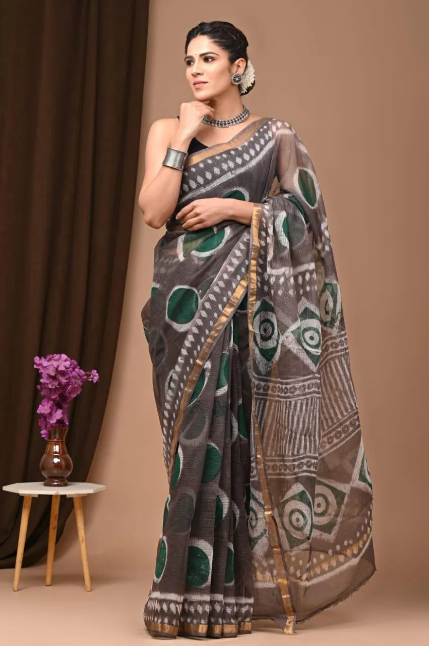 Authentic Emerald Green Traditional Kota Doriya Print Saree