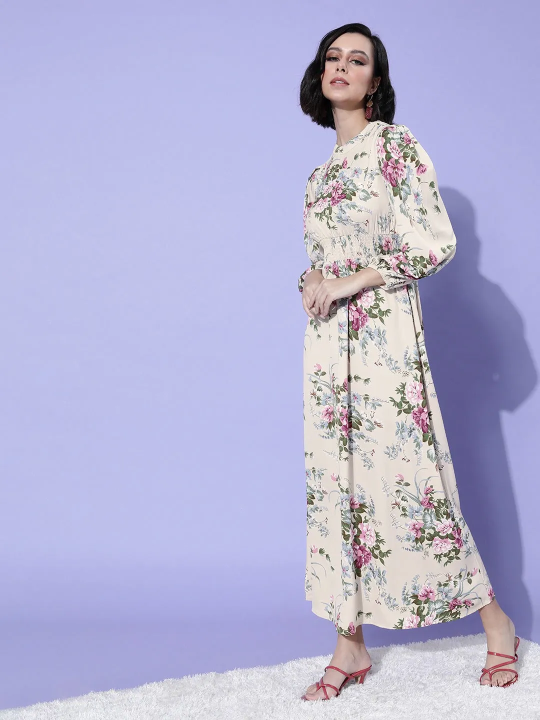 Berrylush Women Beige Floral Printed Mock-Neck Crepe Maxi Dress