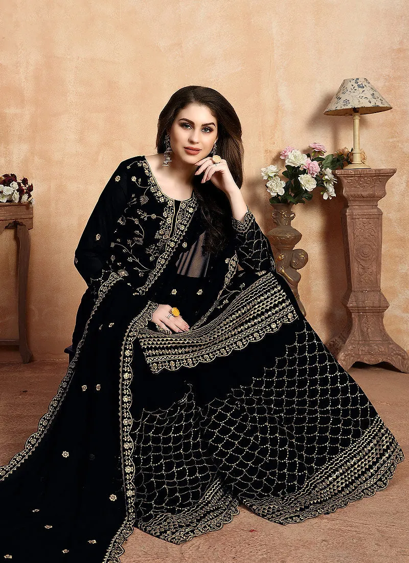 Black Golden Embroidered Designer Sharara Style Suit