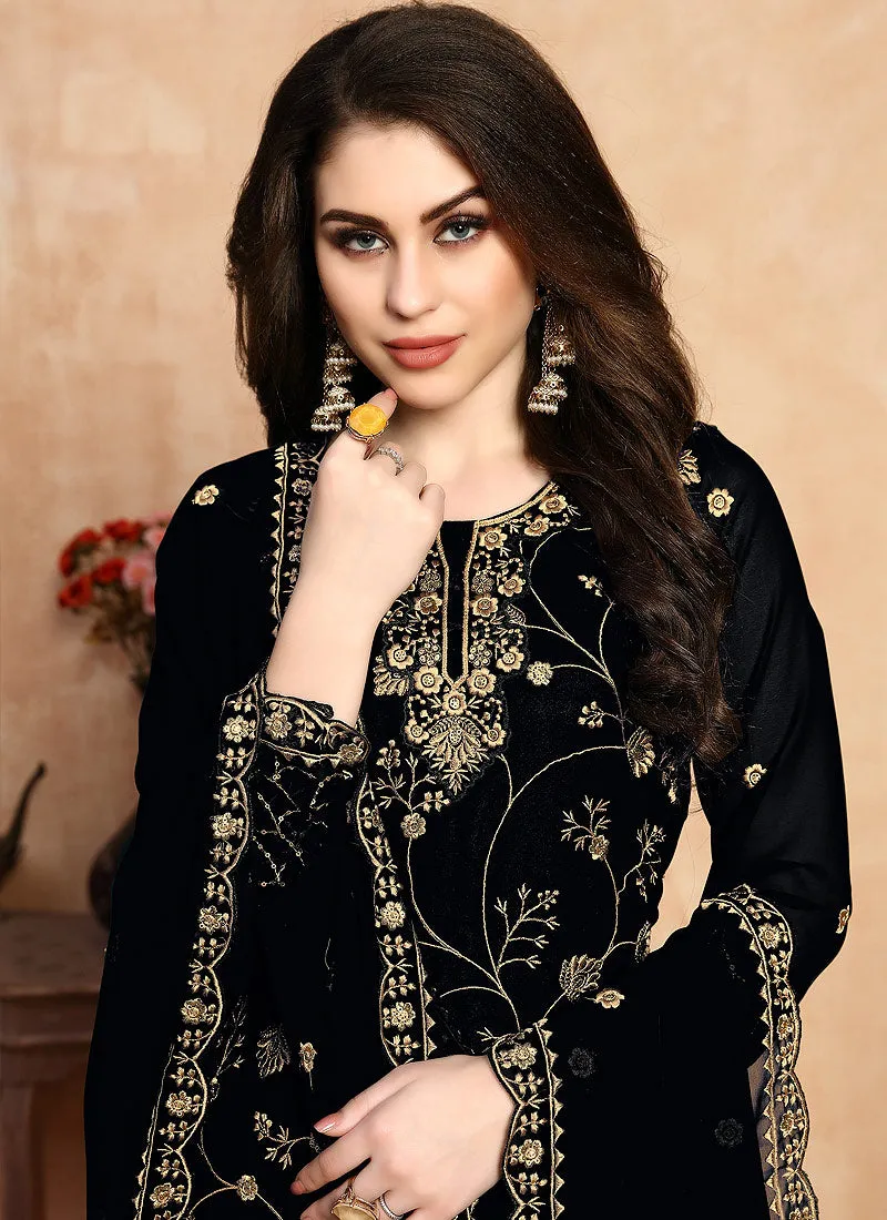 Black Golden Embroidered Designer Sharara Style Suit