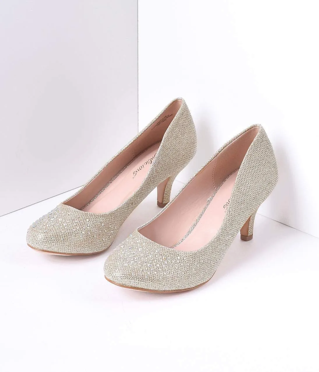 Champagne Metallic Rhinestone Doris Kitten Heels