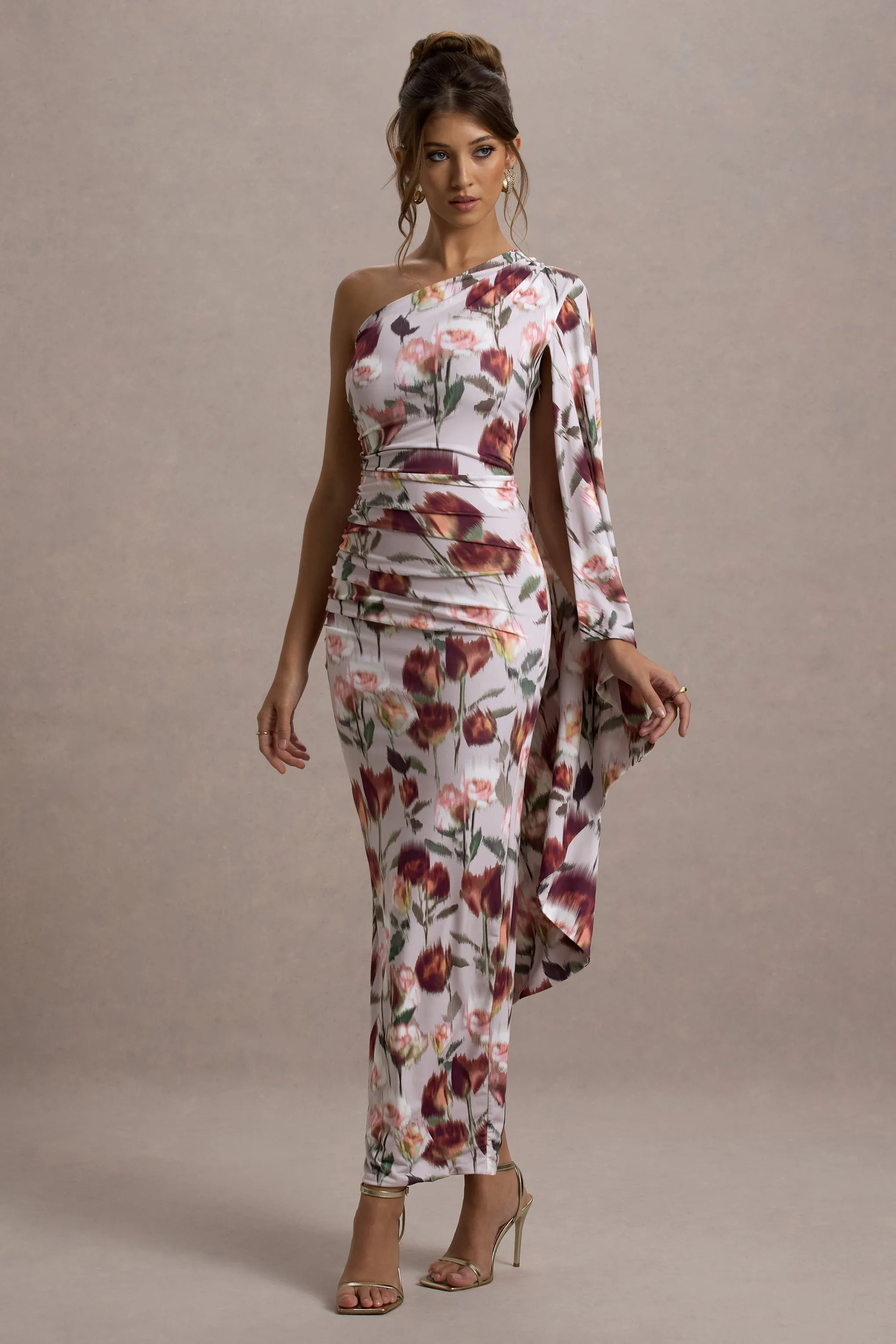 Clementina | Cream Floral Print Asymmetric Cape Sleeve Maxi Dress