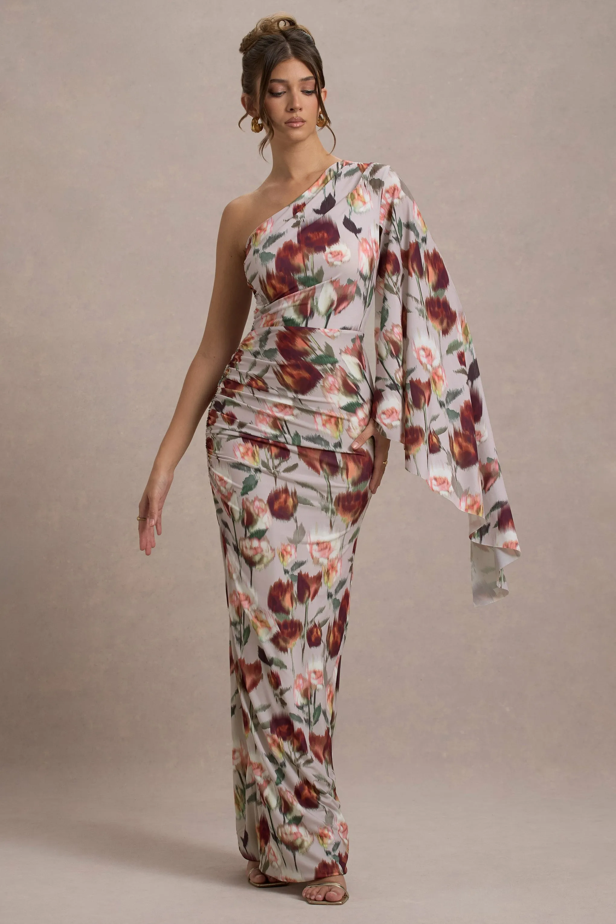 Clementina | Cream Floral Print Asymmetric Cape Sleeve Maxi Dress