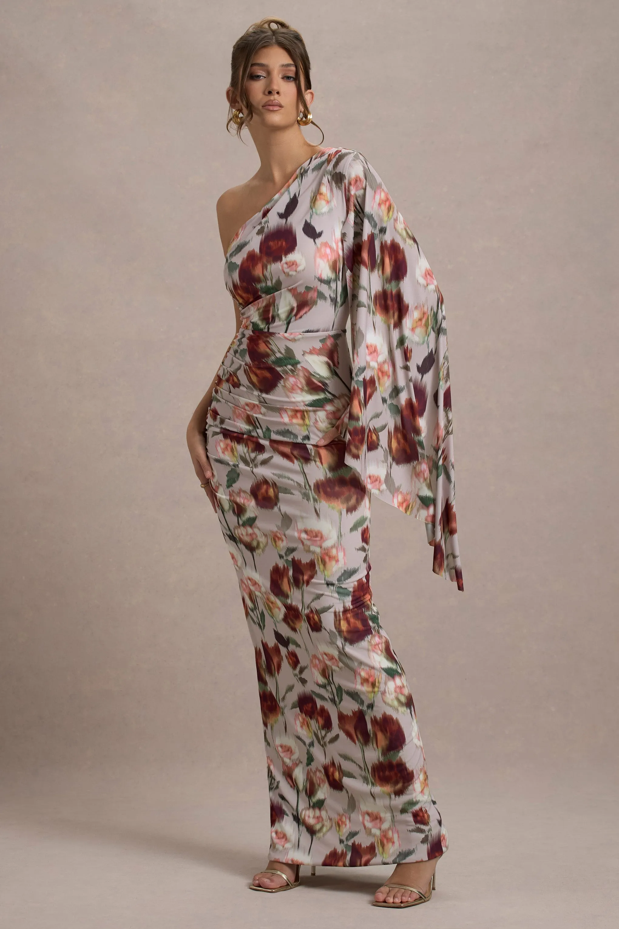 Clementina | Cream Floral Print Asymmetric Cape Sleeve Maxi Dress