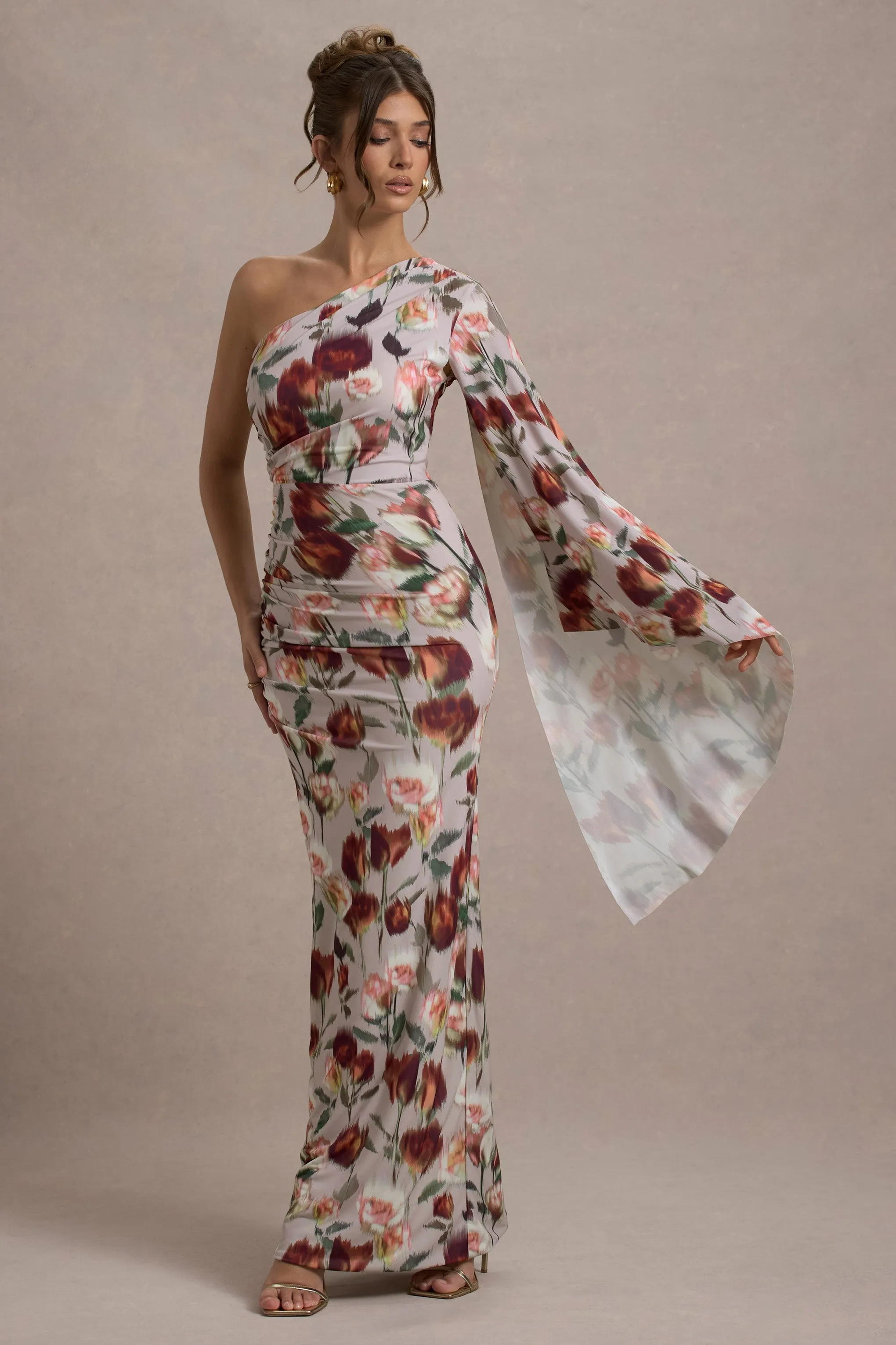 Clementina | Cream Floral Print Asymmetric Cape Sleeve Maxi Dress