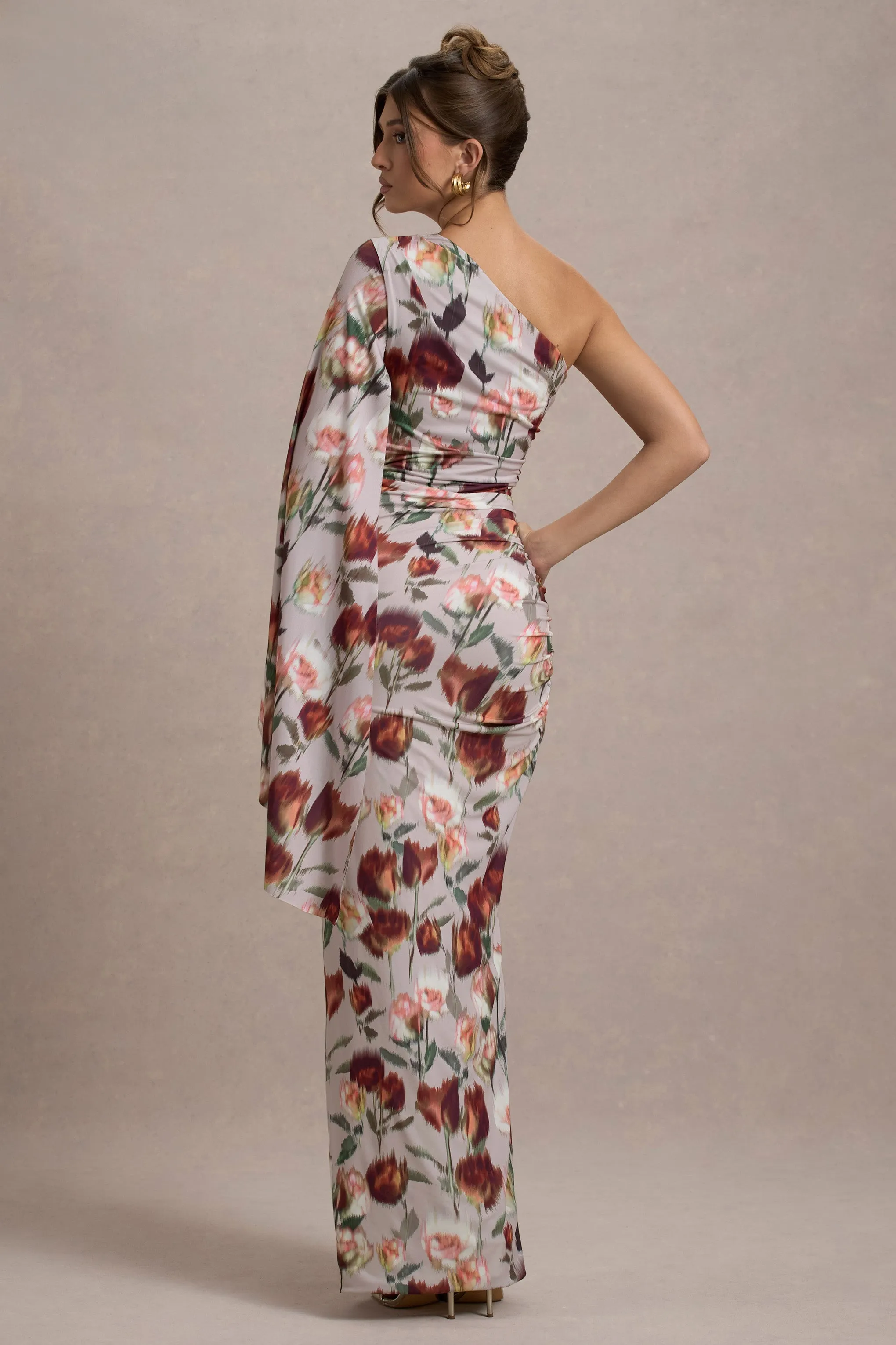 Clementina | Cream Floral Print Asymmetric Cape Sleeve Maxi Dress