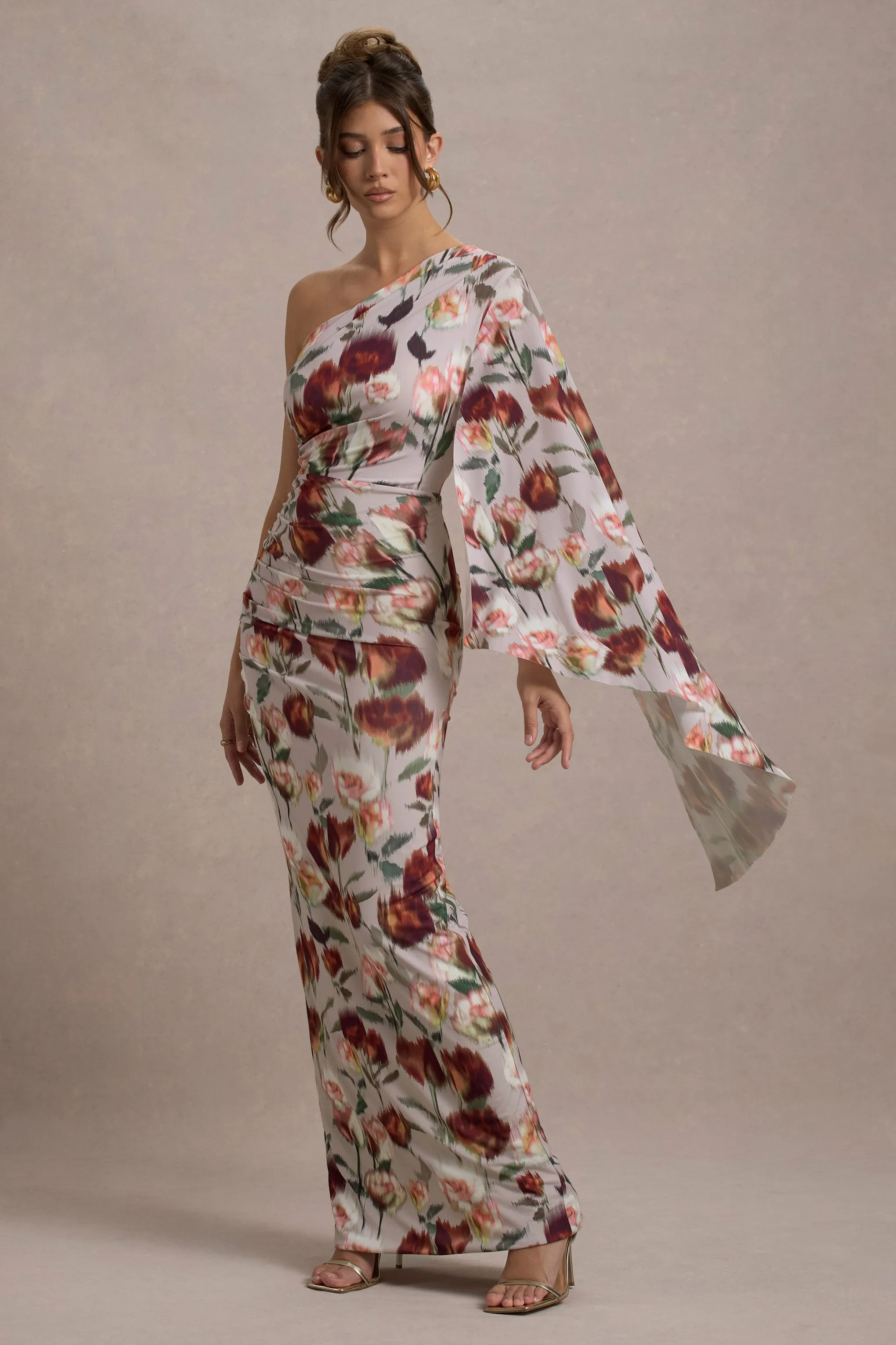 Clementina | Cream Floral Print Asymmetric Cape Sleeve Maxi Dress