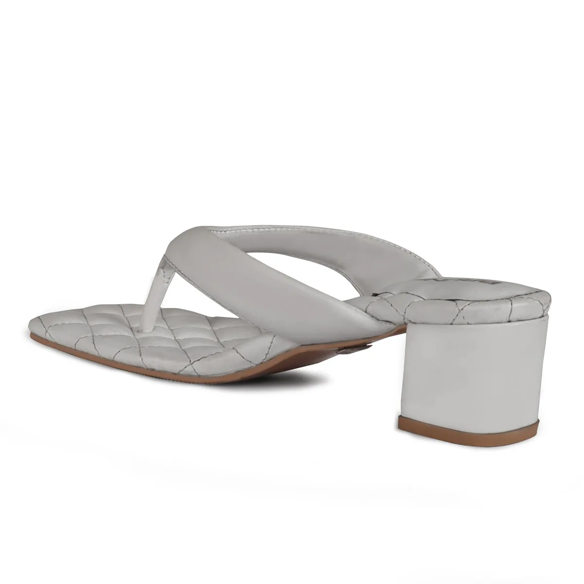 Diamond Stitched V-Shaped White Flip-Flop Blocked Heel Slider Slipper For Women By Brune & Bareskin