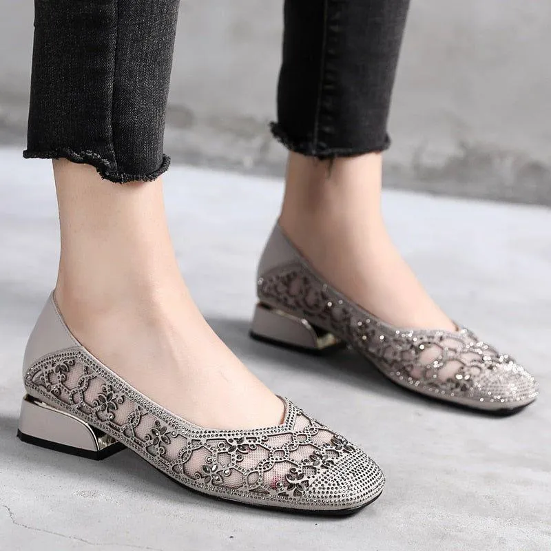 DN323 Women's Crystal Cut-outs Low Heels Casual Shoes - Pumps