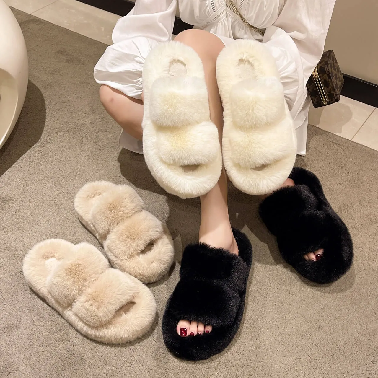 Ella Faux Fur Women's Slides Sandals - Buy 1 Get 1 Free