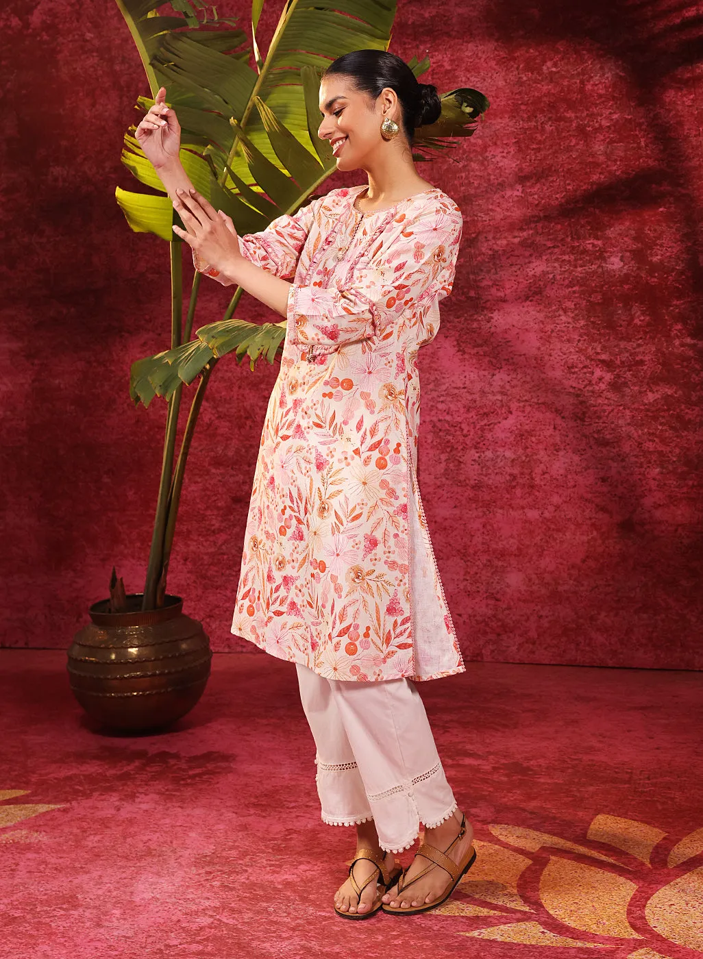 Fida Coral Cotton Linen Printed Kurta for Women