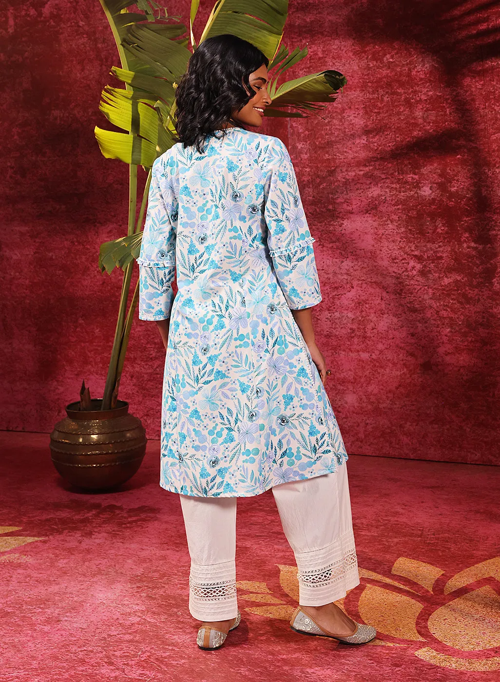 Fida Turquoise Cotton Linen Printed Kurta for Women