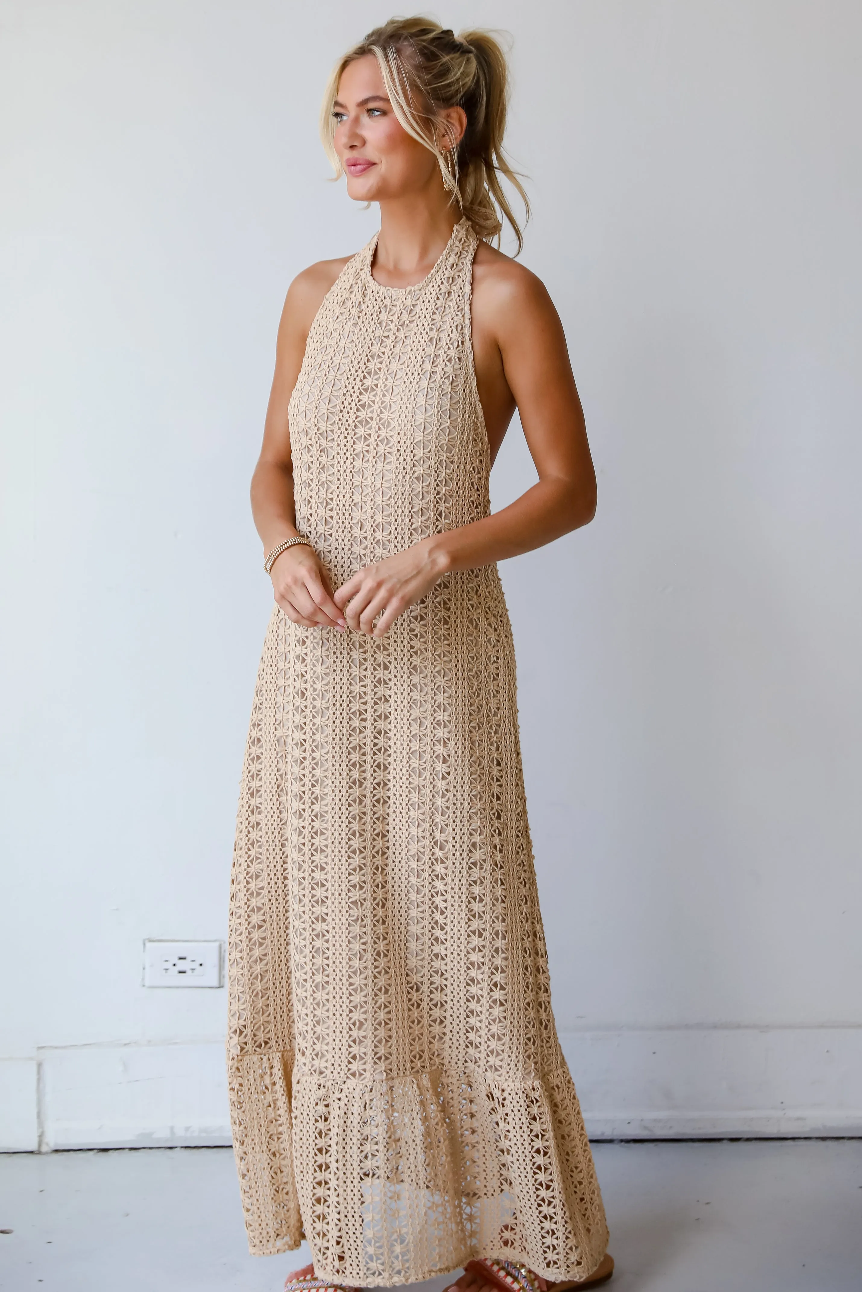 FINAL SALE - Divine Intentions Taupe Crochet Knit Halter Maxi Dress