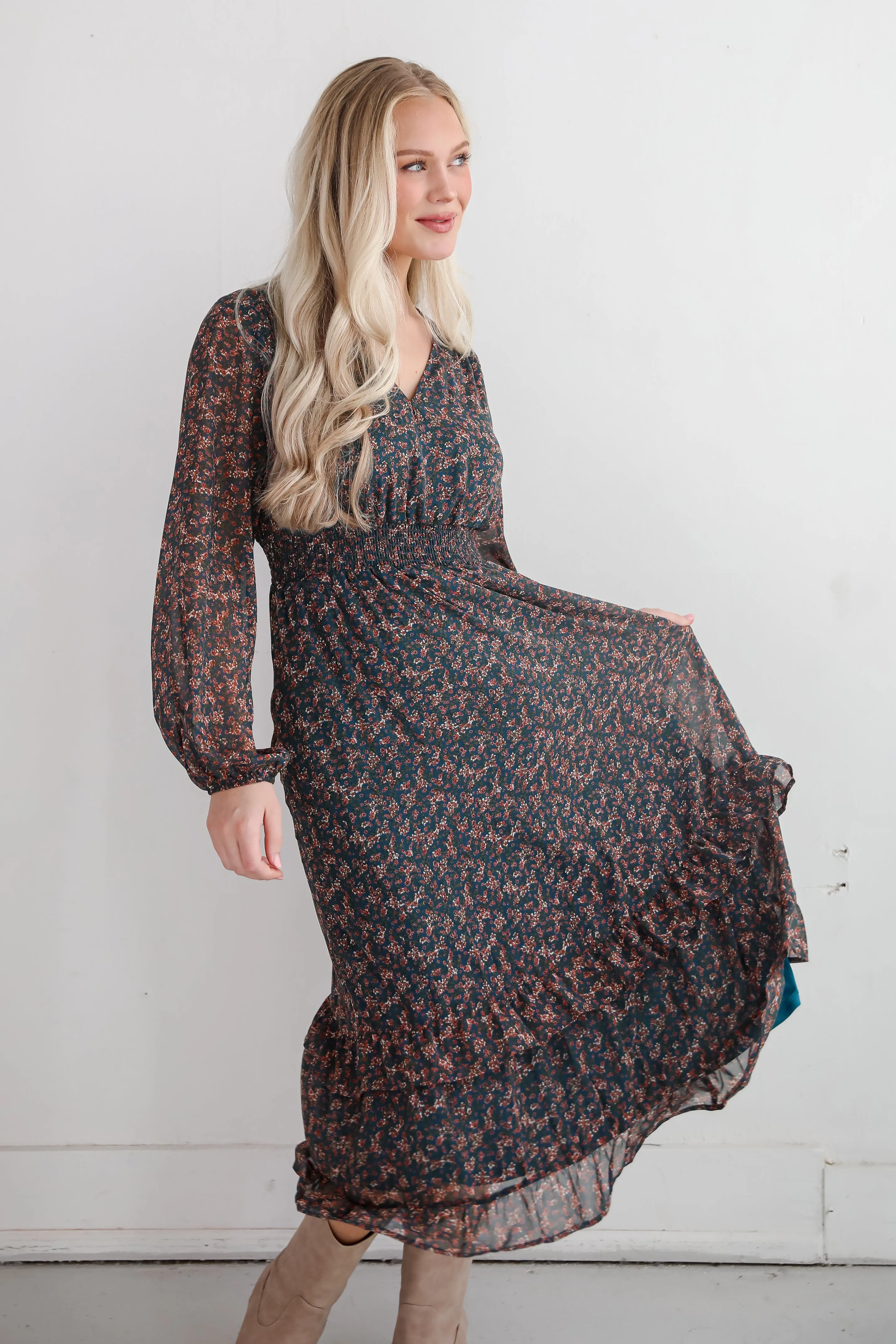 FINAL SALE - Remarkably Flourishing Teal Floral Midi Dress