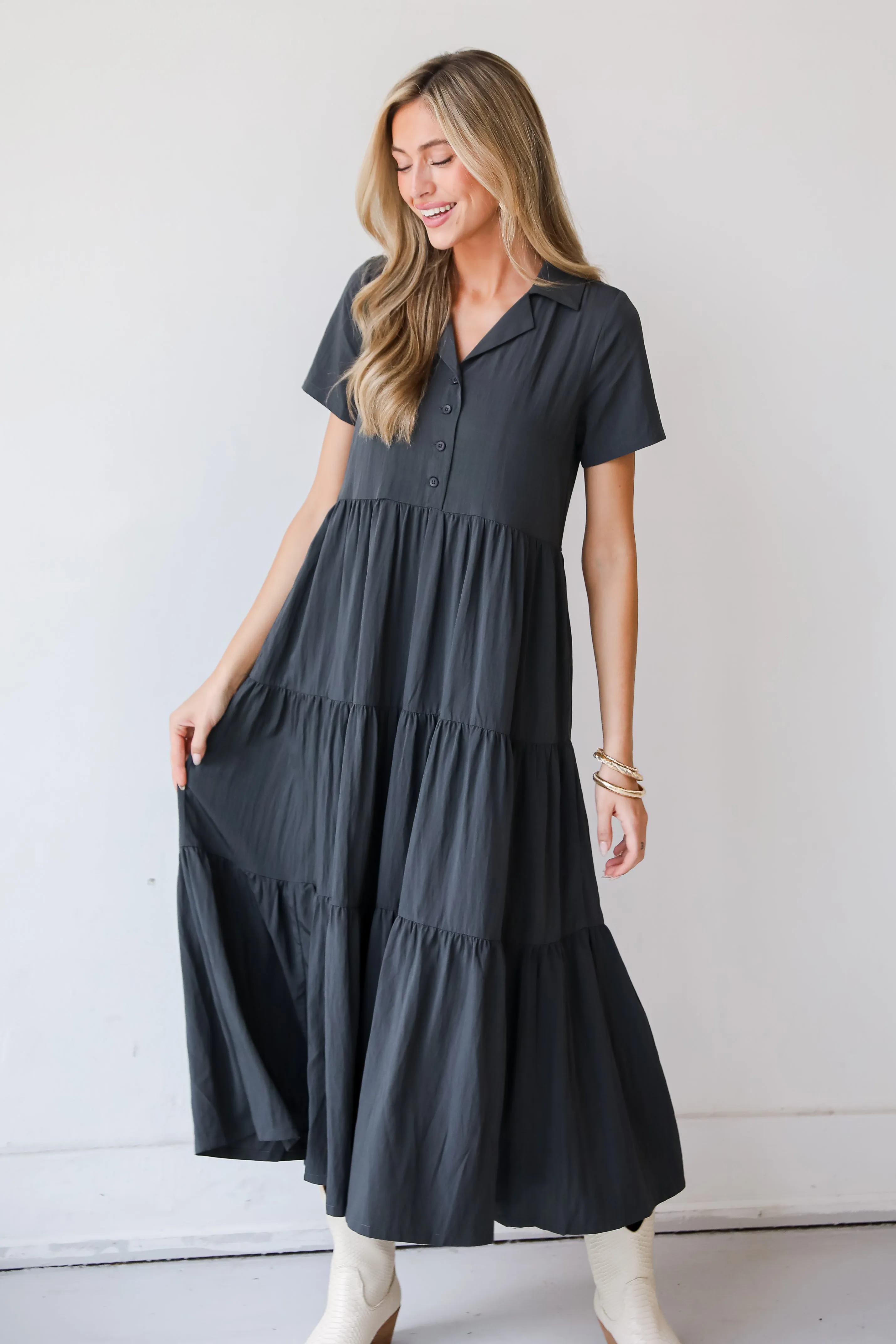 FINAL SALE - Stellar Sweetie Charcoal Tiered Maxi Dress