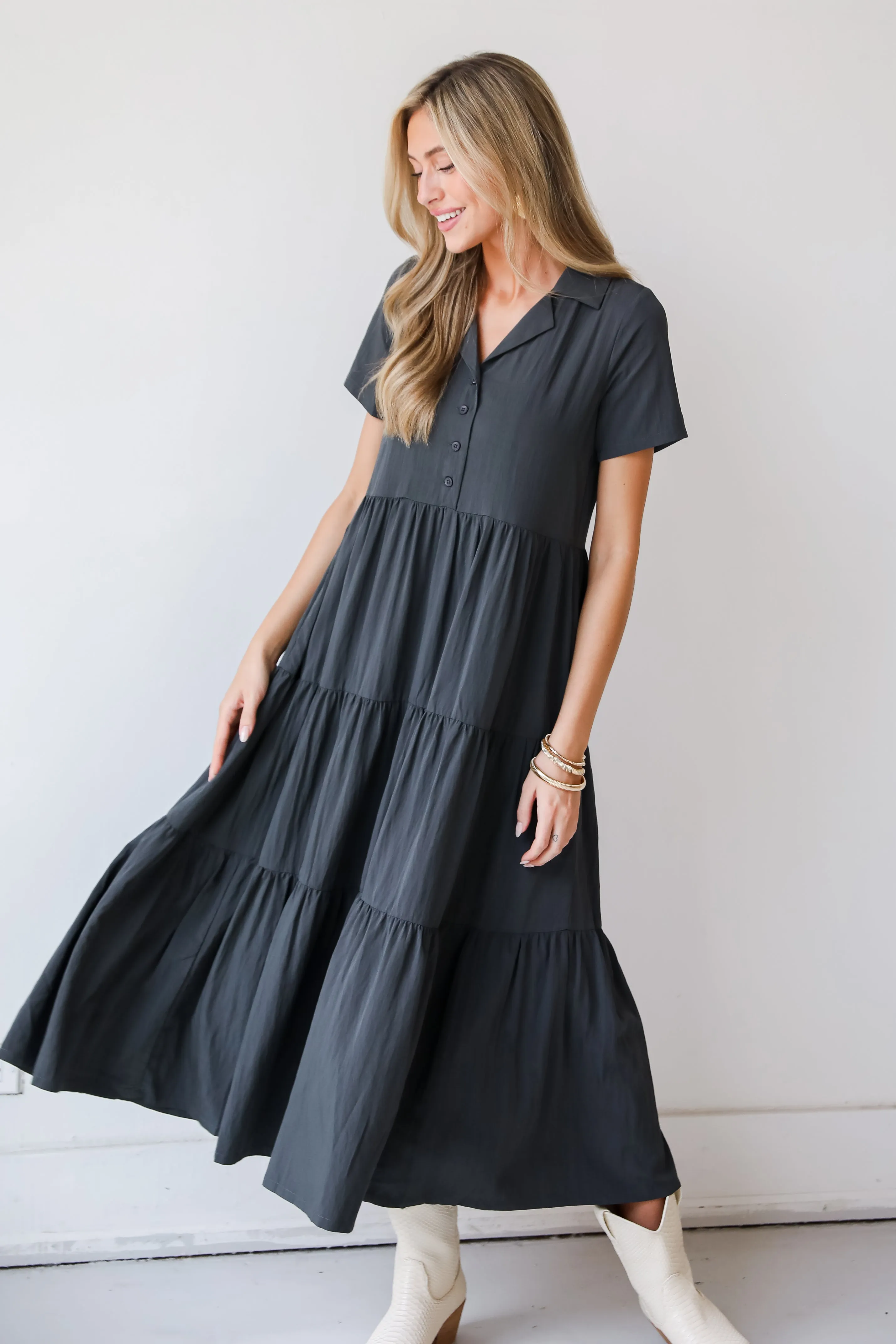 FINAL SALE - Stellar Sweetie Charcoal Tiered Maxi Dress