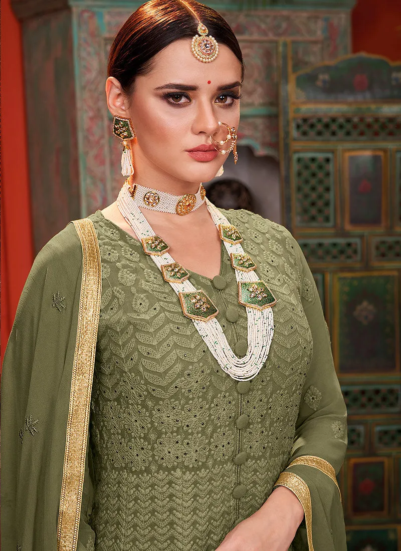 Green Lucknowi Embroidered Anarkali Palazzo Suit