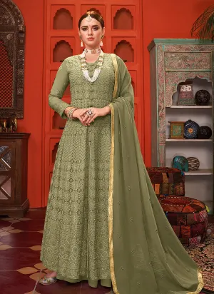 Green Lucknowi Embroidered Anarkali Palazzo Suit