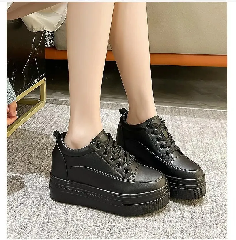 Joskaa 2024 New Black Leather Platform Sneakers Techwear