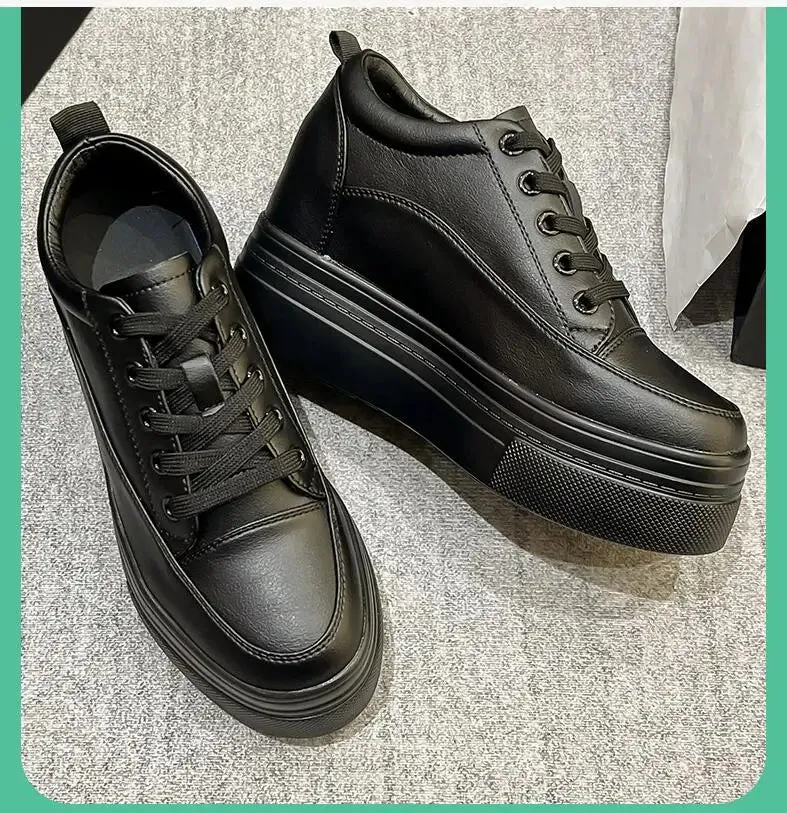 Joskaa 2024 New Black Leather Platform Sneakers Techwear