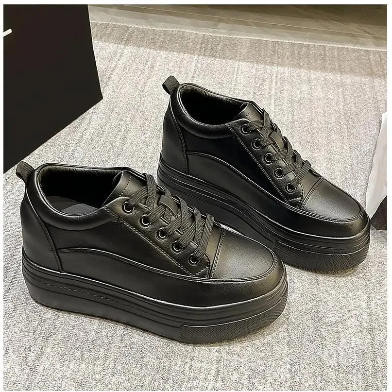 Joskaa 2024 New Black Leather Platform Sneakers Techwear