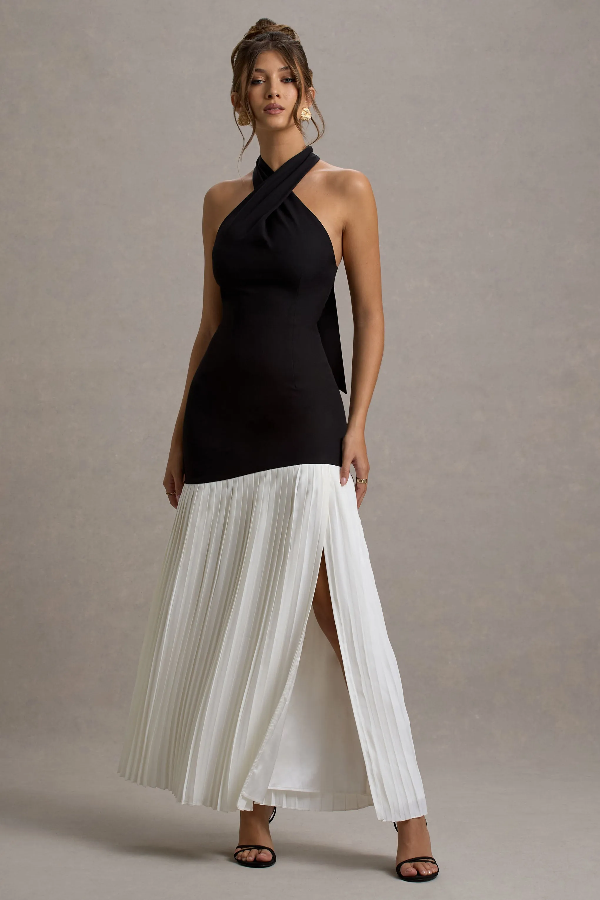 Khai | Black & White Halter-Neck Maxi Dress With Plisse Skirt