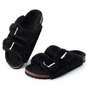 KIDMI Fuzzy Slippers Women with Cork Footbed Fluffy Slides Open Toe Indoor House Shoes | Arch Support | Adjustable Buckles, Black 8-8.5