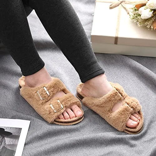 KIDMI Fuzzy Slippers Women with Cork Footbed Fluffy Slides Open Toe Indoor House Shoes | Arch Support | Adjustable Buckles, Khaki 9