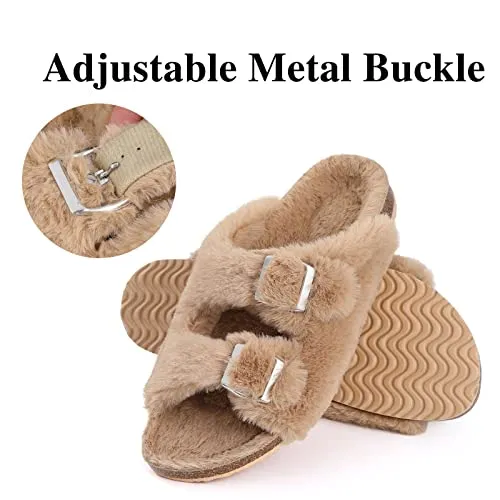 KIDMI Fuzzy Slippers Women with Cork Footbed Fluffy Slides Open Toe Indoor House Shoes | Arch Support | Adjustable Buckles, Khaki 9