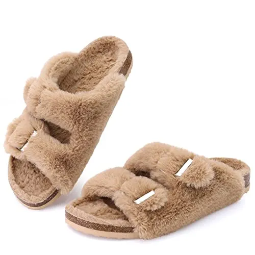 KIDMI Fuzzy Slippers Women with Cork Footbed Fluffy Slides Open Toe Indoor House Shoes | Arch Support | Adjustable Buckles, Khaki 9