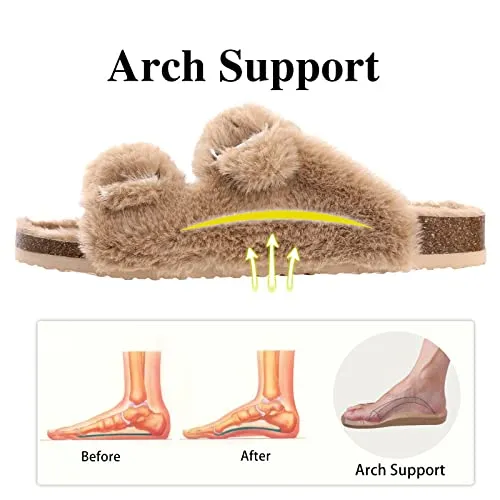 KIDMI Fuzzy Slippers Women with Cork Footbed Fluffy Slides Open Toe Indoor House Shoes | Arch Support | Adjustable Buckles, Khaki 9