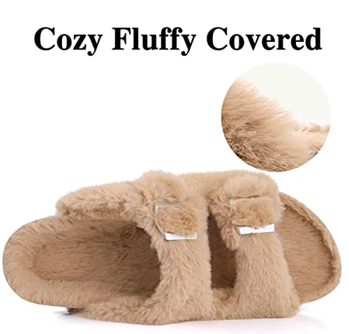 KIDMI Fuzzy Slippers Women with Cork Footbed Fluffy Slides Open Toe Indoor House Shoes | Arch Support | Adjustable Buckles, Khaki 9