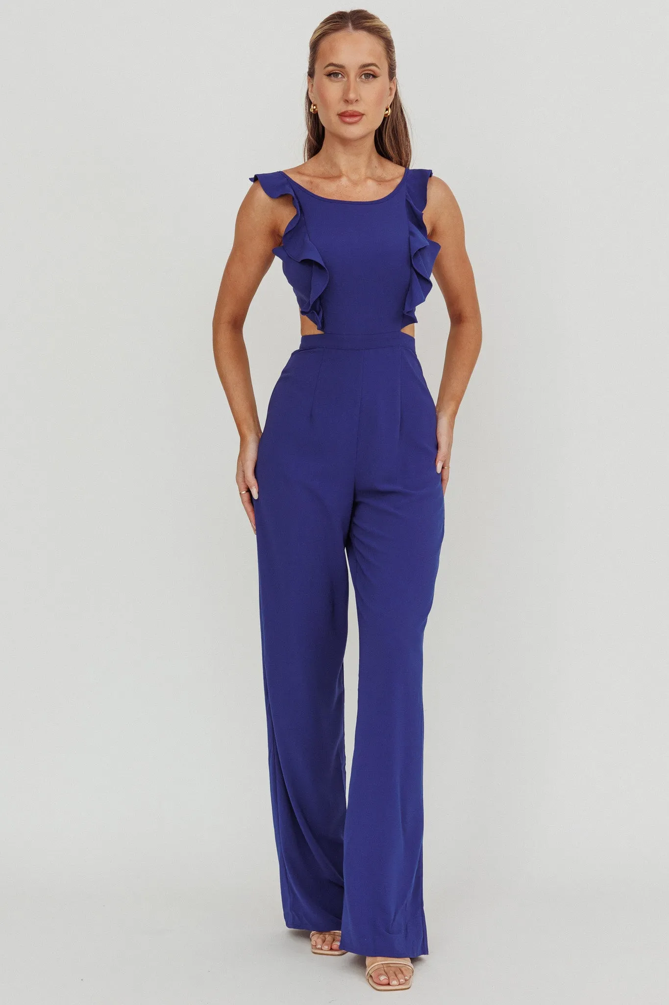 Kiss Me Sleeveless Ruffle Jumpsuit Blue