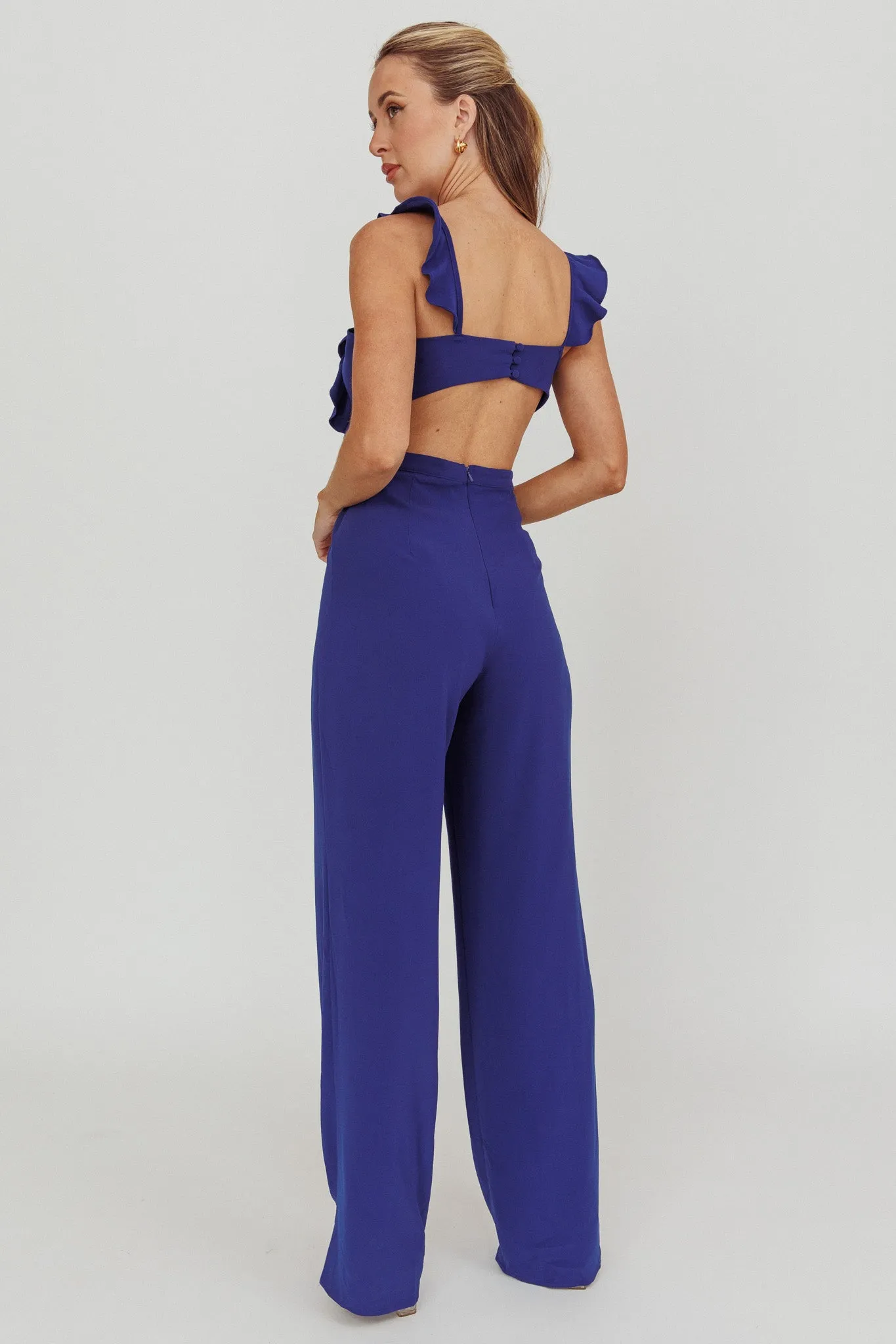 Kiss Me Sleeveless Ruffle Jumpsuit Blue