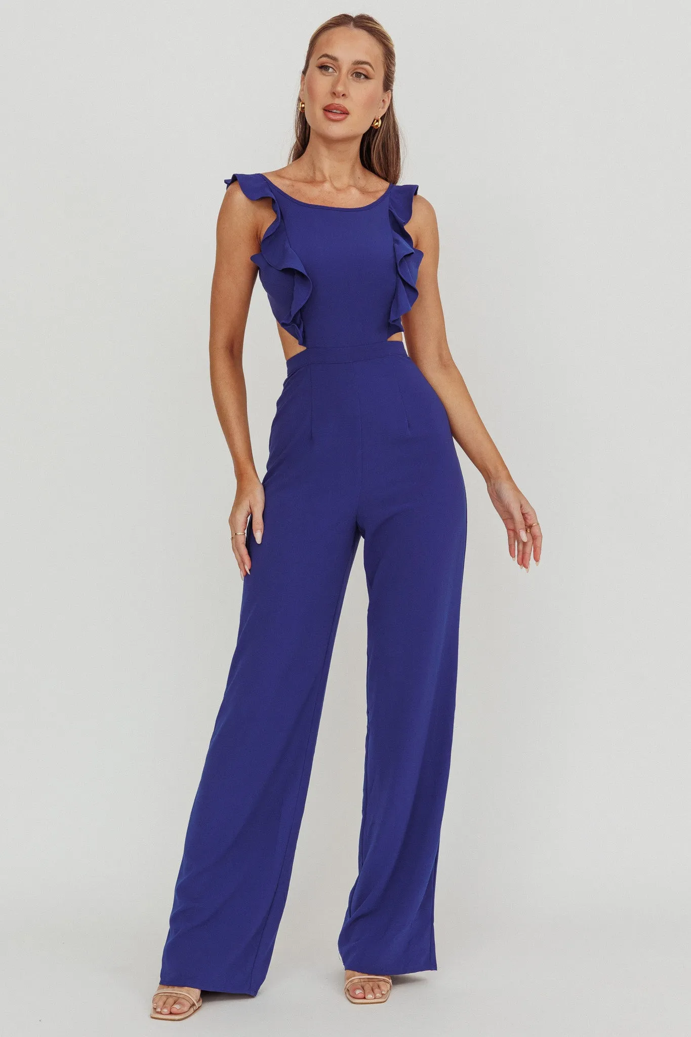 Kiss Me Sleeveless Ruffle Jumpsuit Blue