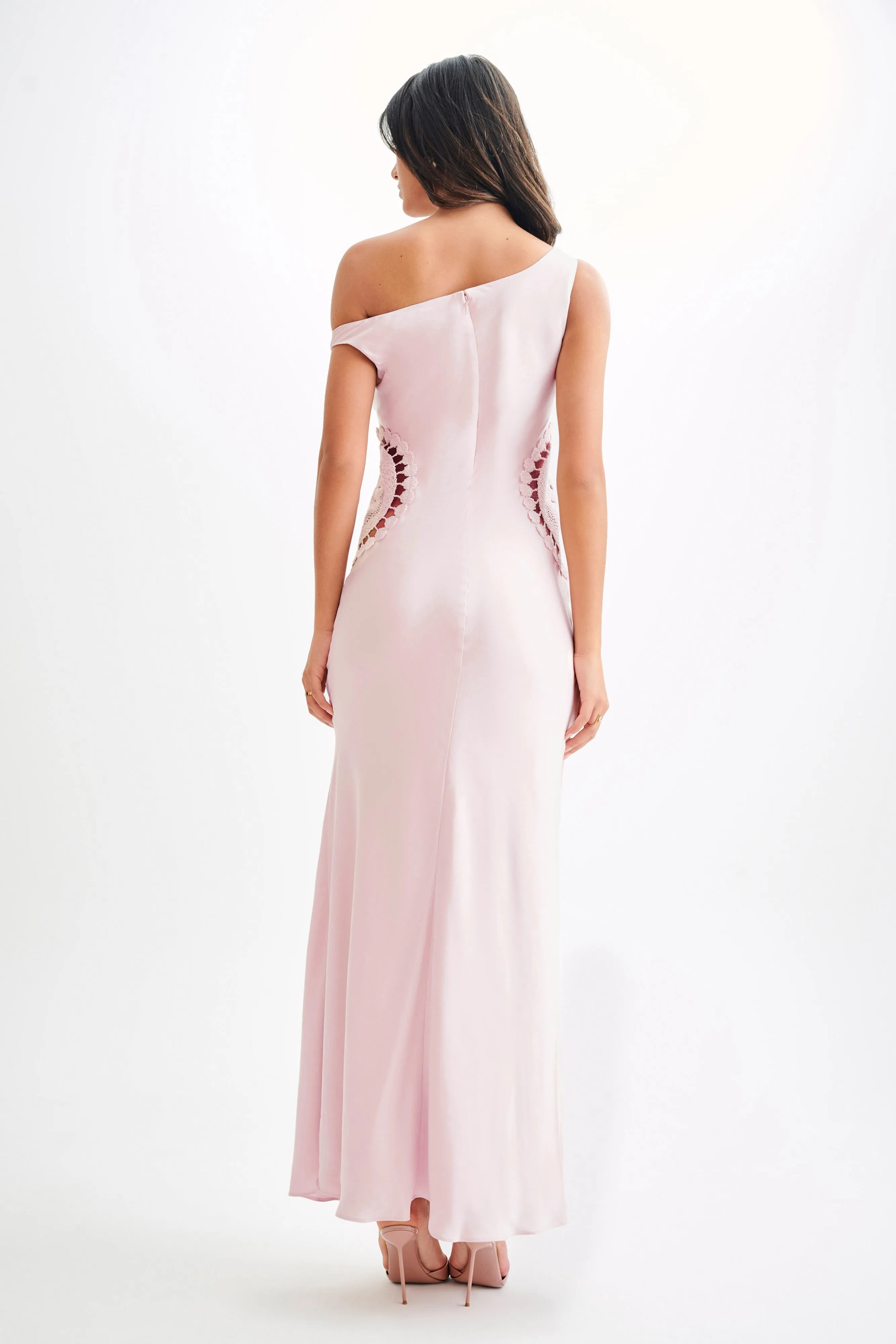 Kristina Satin Maxi Dress With Crochet - Pale Pink