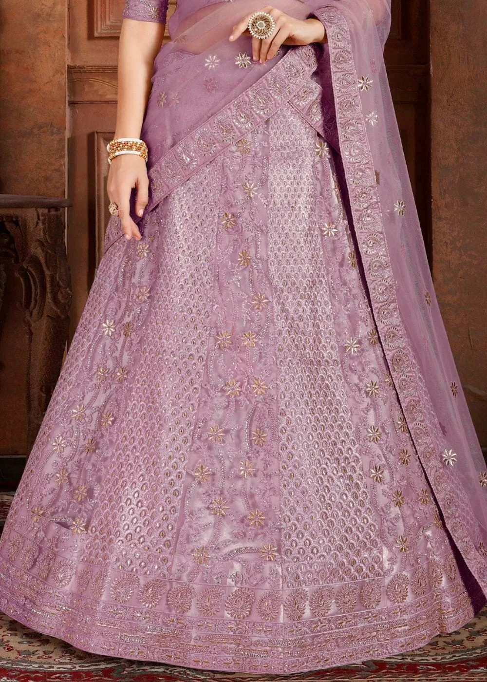 Lavender Purple Soft Net Lehenga Choli with Thread,Zari, Zarkan & Pearl work