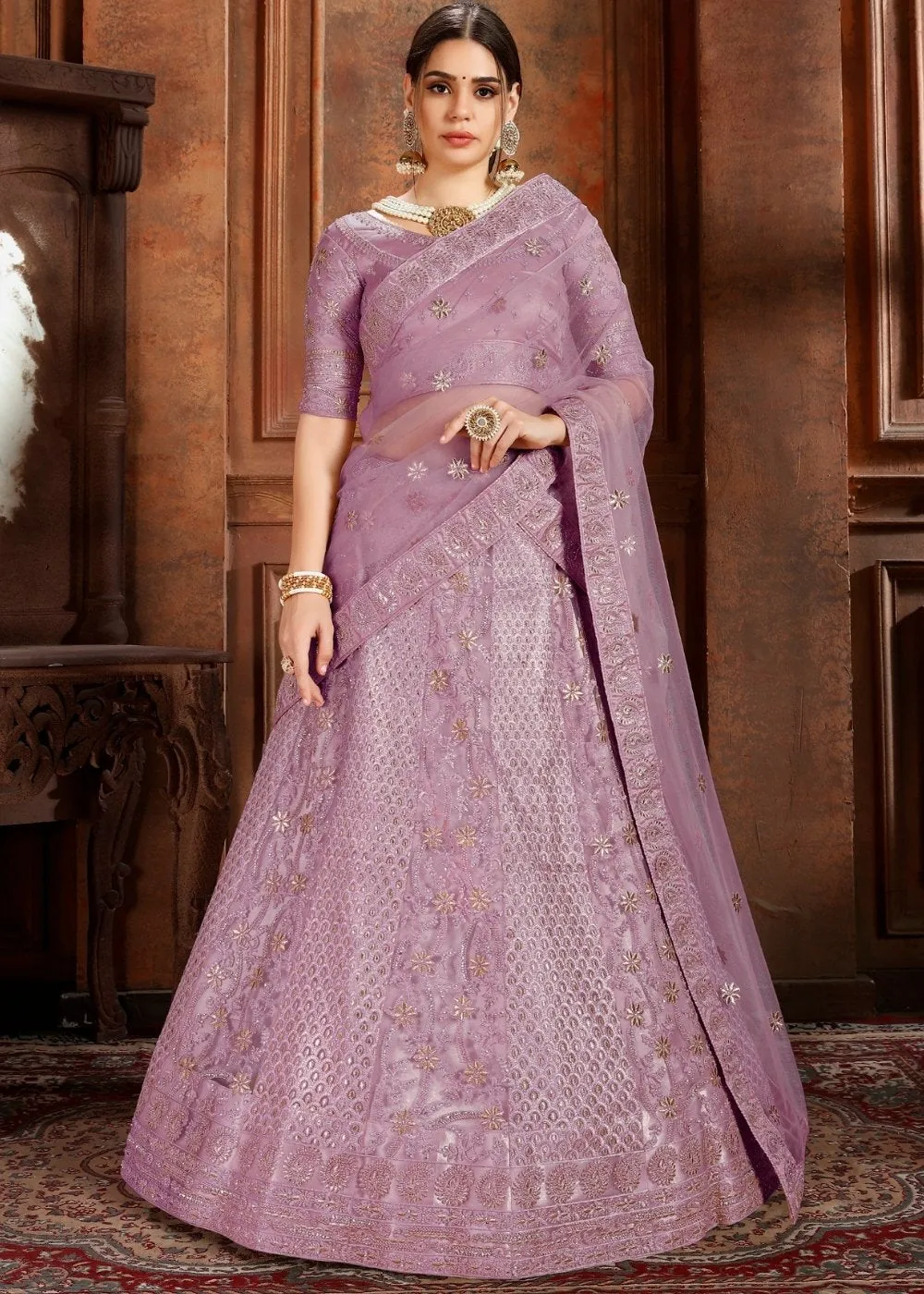 Lavender Purple Soft Net Lehenga Choli with Thread,Zari, Zarkan & Pearl work