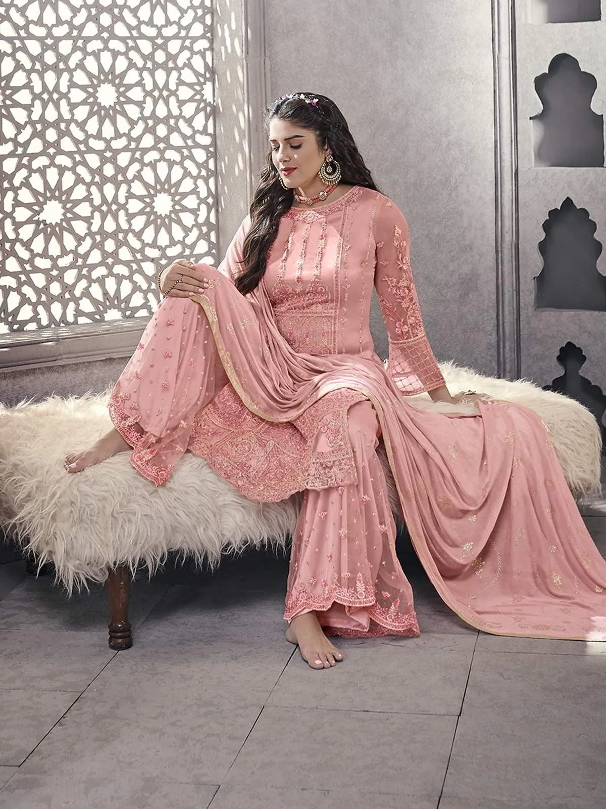 Light Pink Ethnic Embroidered Pakistani Palazzo Suit