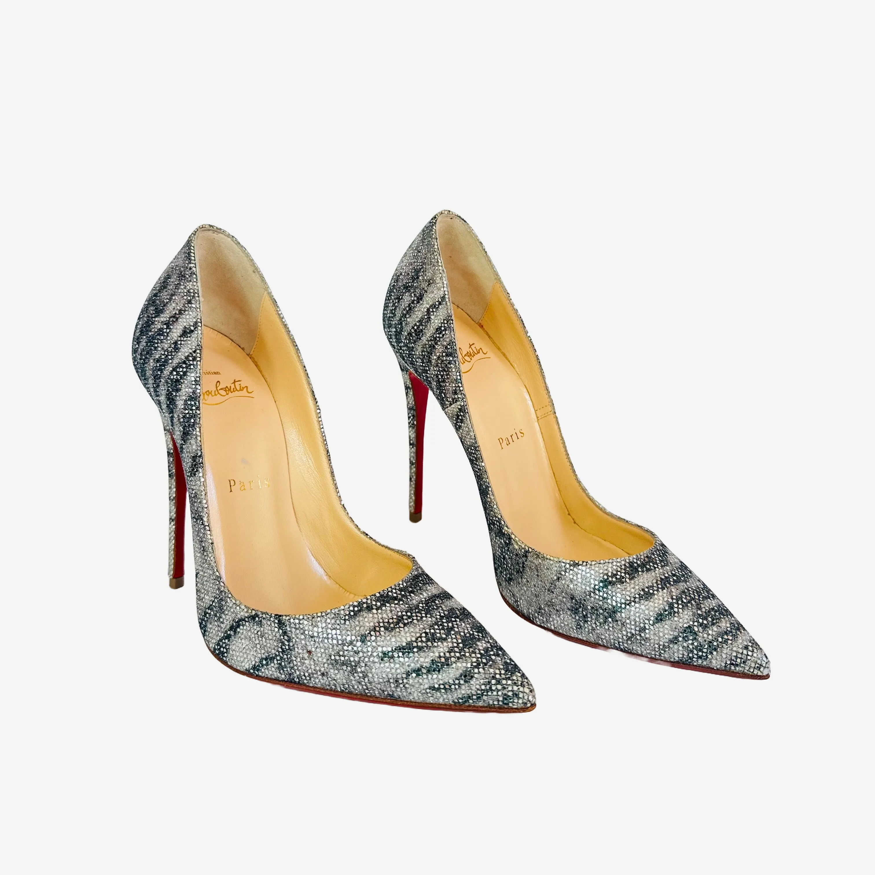 LOUBOUTIN - SIRENE SILVER DÉCOLLETÉ HEELS IN SHADES OF SILVER SIZE 36,5 EU