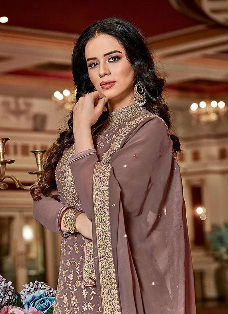 Mauve Golden Traditional Embroidered Georgette Sharara Suit