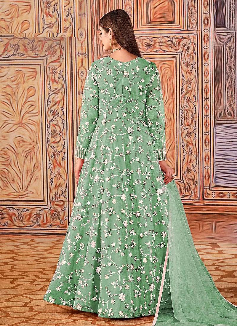 Mint Green Cording Embroidered Net Anarkali Suit