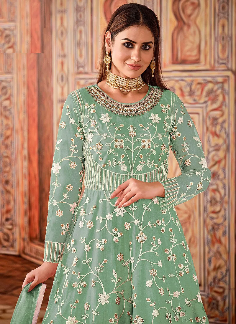 Mint Green Cording Embroidered Net Anarkali Suit