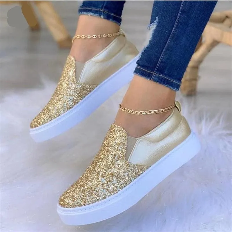 Moccasins Glitter Flat Loafers Shoes For Women Rose Gold/Black/Gold