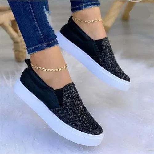 Moccasins Glitter Flat Loafers Shoes For Women Rose Gold/Black/Gold